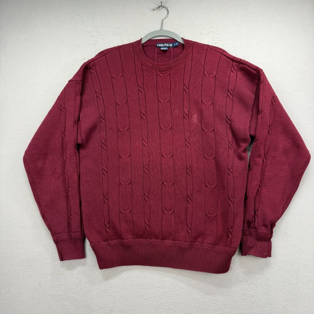 Nautica Cable Knit Sweater Mens Large Burgundy Red Crewneck Cotton Classic Cozy